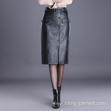 Women Sexy PU Leather Long Vent Skirt OL